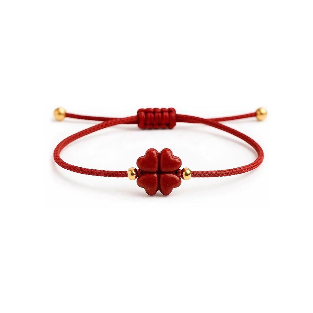 Handmade Lucky Bracelet with Natural Red Cinnabar Clover Adjustable Size